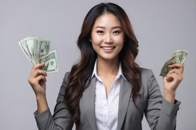 Jovial joven asiática mujer de negocios mostrando mucho dinero mujer atractiva con billetes de dólar