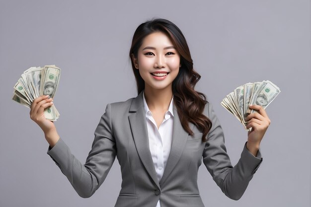 Foto jovial joven asiática mujer de negocios mostrando mucho dinero mujer atractiva con billetes de dólar