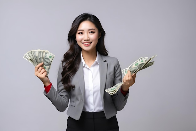 Jovial joven asiática mujer de negocios mostrando mucho dinero mujer atractiva con billetes de dólar