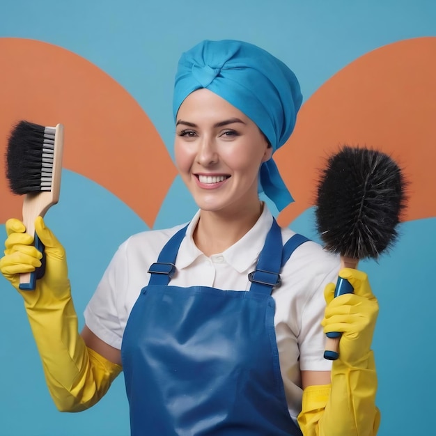 Jovial joven limpiadora con pañuelo uniforme y guantes de goma sosteniendo cepillo y limpiador c