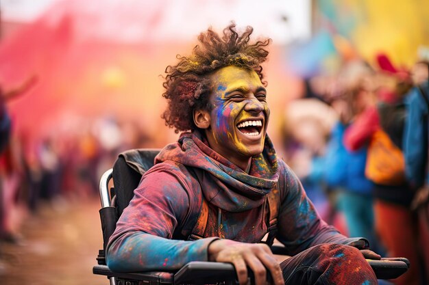 Foto jovial joven turista sentado en una silla de ruedas en la celebración de holi ai generativa