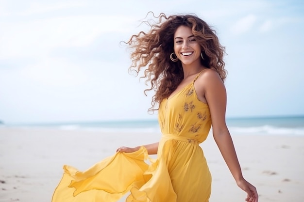 Jovial joven con un vestido amarillo en la playa