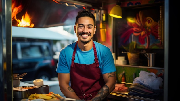 Foto jovial propietario de un camión de comida por cocina móvil listo para servir comida callejera