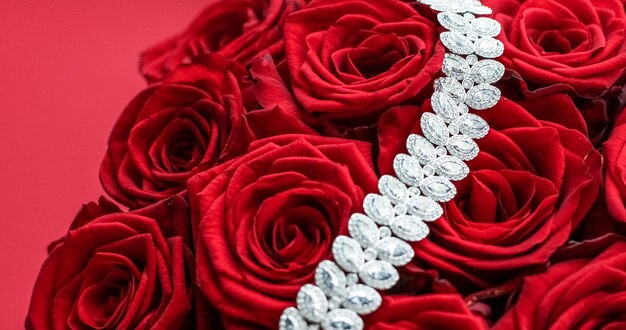 Joyas de piedras preciosas, moda nupcial y concepto de compras de lujo, pulsera de diamantes de lujo y ramo de rosas rojas, regalo de amor de joyería en el día de San Valentín y vacaciones románticas presentes