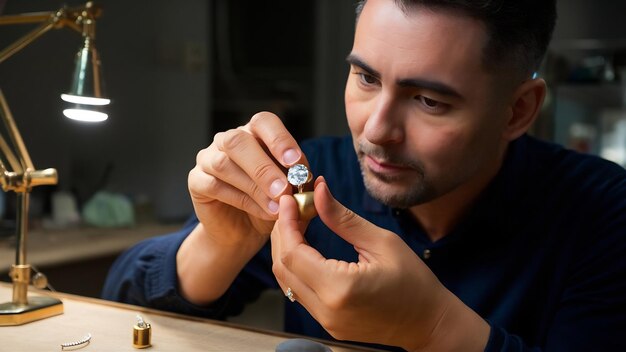 El joyero prueba una piedra preciosa en un blanco de oro para el futuro del anillo