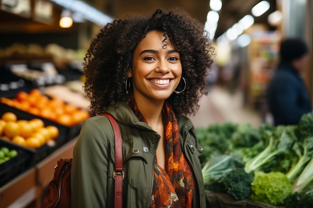 Foto joyful african american woman choosing vegetables in greengrocer's shop