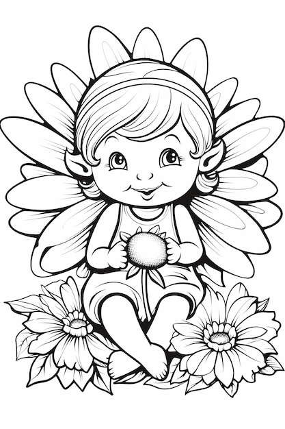 Foto joyful baby fairy página de colorir imprimível para crianças de 5 anos com desenho de linha simples