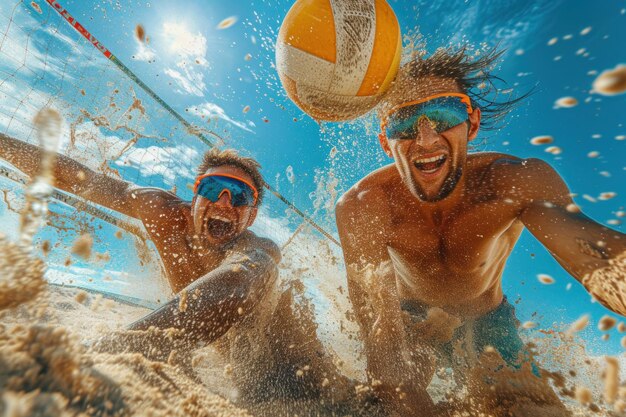 Joyful Beach Volleyball-Spieler feiern im Wasser Nahaufnahme von zwei Beach-Volleyball-Spielern, die einen freudigen Moment mit Wasser teilen, das um sie herum spritzt, um zu feiern