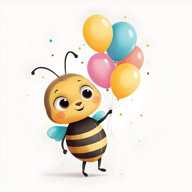 Joyful Bee sosteniendo globos coloridos para niños pequeños libro