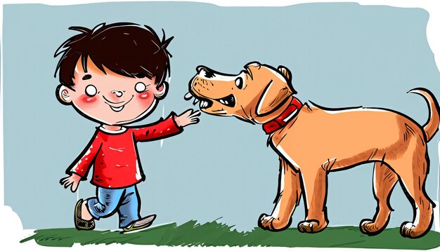 Joyful Bond HandDrawn Cartoon Ilustração de uma criança e cachorro de estimação se divertindo junto com simples