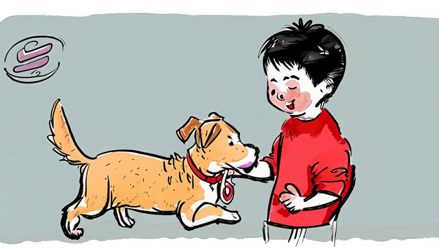 Joyful Bond HandDrawn Cartoon Ilustração de uma criança e cachorro de estimação se divertindo junto com simples