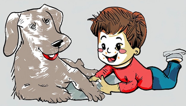 Joyful Bond HandDrawn Cartoon Ilustración de un niño y un perro mascota divirtiéndose junto con Simple