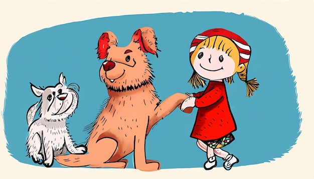 Joyful Bond HandDrawn Cartoon Ilustración de un niño y un perro mascota divirtiéndose junto con Simple