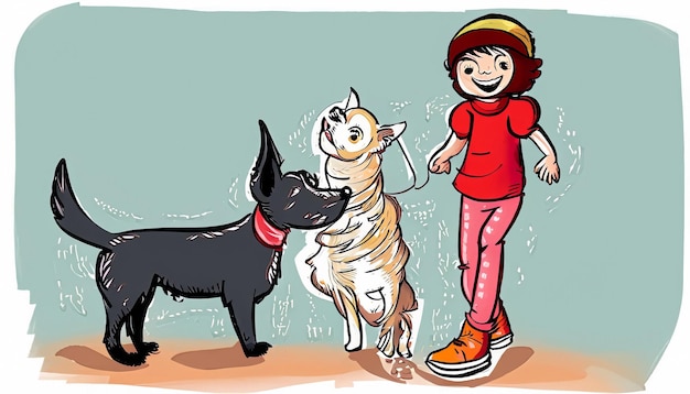 Foto joyful bond handdrawn cartoon ilustración de un niño y un perro mascota divirtiéndose junto con simple