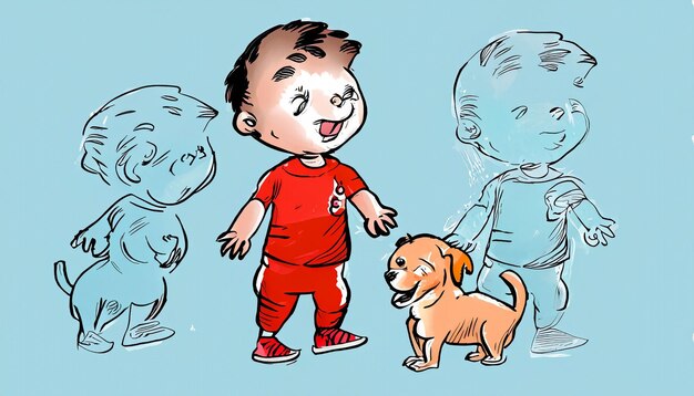 Joyful Bond HandDrawn Cartoon Ilustración de un niño y un perro mascota divirtiéndose junto con Simple