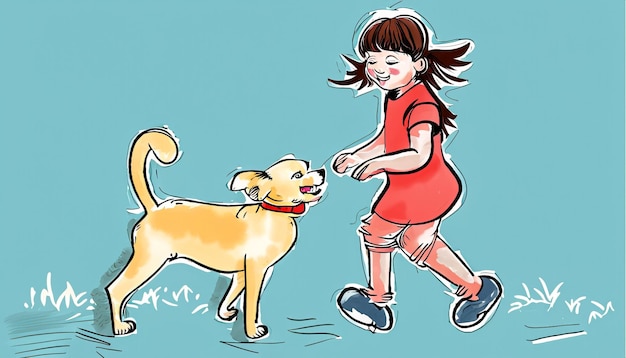 Joyful Bond handgezeichnete Cartoon-Illustration eines Kindes und eines Hundes, die gemeinsam mit Simple Spaß haben