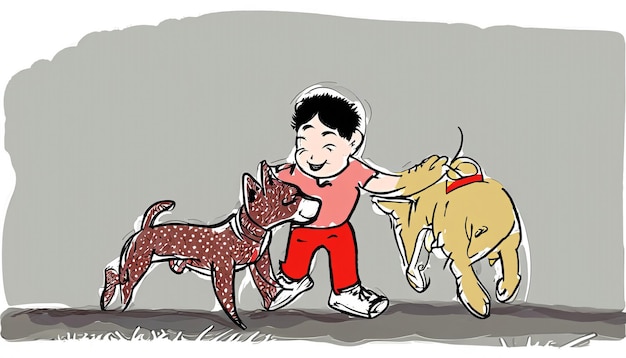 Joyful Bond handgezeichnete Cartoon-Illustration eines Kindes und eines Hundes, die gemeinsam mit Simple Spaß haben
