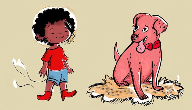 Joyful Bond Ilustração de desenho animado desenhado à mão de uma criança e um cão de estimação se divertindo juntos com Simple