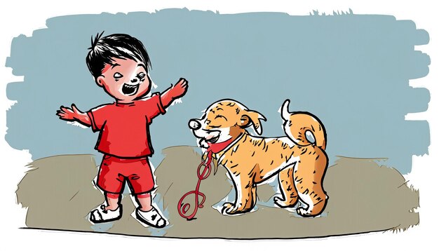 Joyful Bond Ilustração de desenho animado desenhado à mão de uma criança e um cão de estimação se divertindo juntos com Simple