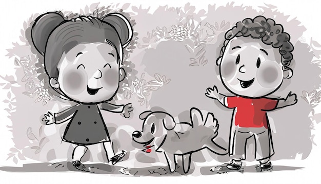 Joyful Bond Ilustración de dibujos animados a mano de un niño y un perro mascota divirtiéndose juntos con Simple