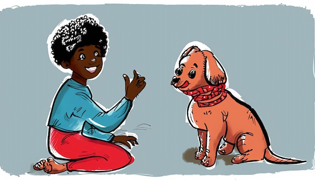 Joyful Bond Ilustración de dibujos animados a mano de un niño y un perro mascota divirtiéndose juntos con Simple