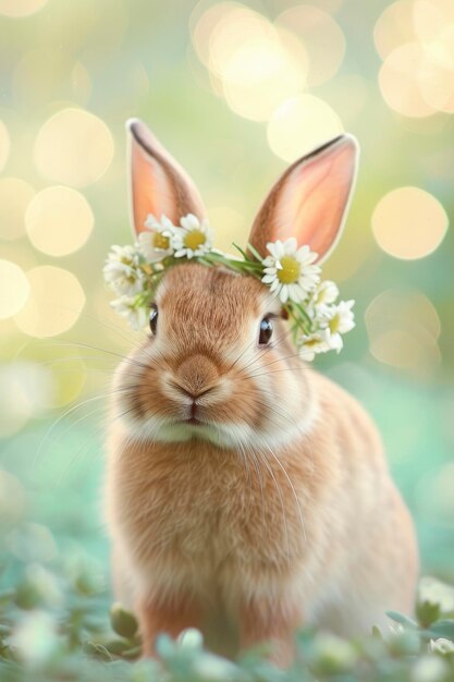 Joyful Brown Rabbit mit Meadow Flower Crown auf Bokeh-Hintergrund Ein wunderbares Porträt von Cuteness fo