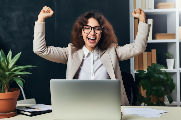 Foto joyful business woman freelancer entrepreneur smiling and rejoices in victory while sitting at desk