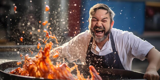 Foto joyful chef cocinando con llamas en un entorno de comida callejera capturando la pasión culinaria y la acción dinámica de la cocina perfecta para temas de comida ai