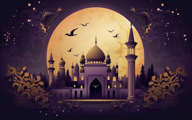 Joyful Eid Design Crescent Moon and Mosque Celebration Generativa AI