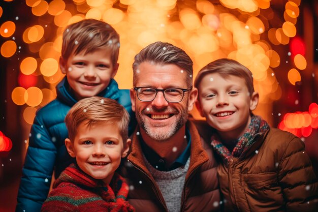 Foto joyful family portrait vater und seine kinder lächeln vor den weihnachtslichtern glücklich