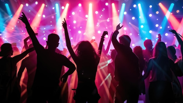 Foto joyful individuals groove at a dj party concert in a nightclub enjoying electronic dance music from the dj on stage