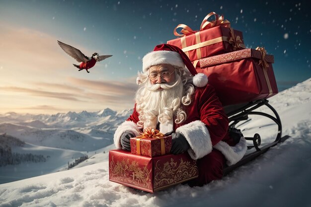 Foto joyful jingle santa claus soaring on sleigh gifting festive cheer em um composite capricho na neve