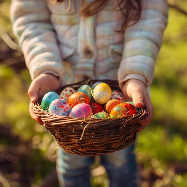 Joyful Kid Caza de cestas de huevos de Pascua jugando al aire libre