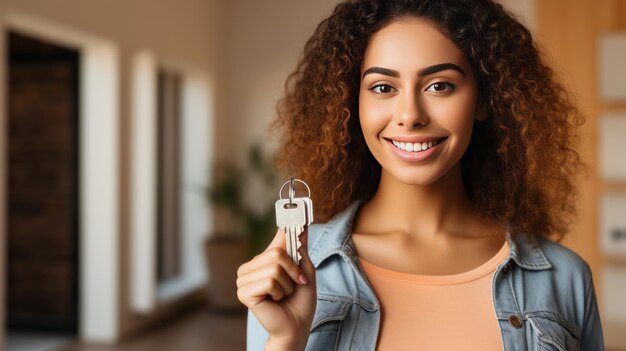 Joyful Millennial Latino Woman leuchtet, als sie die Schlüssel zu ihrem Traumhaus enthüllt und neue Anfänge annimmt