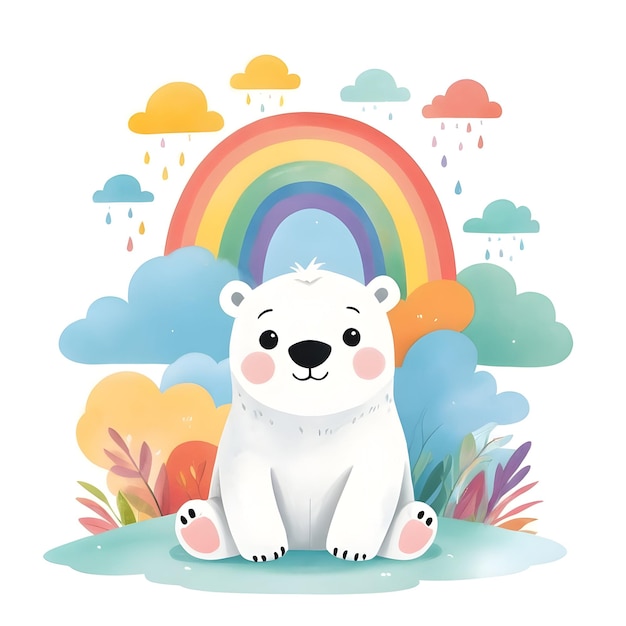 Joyful Polarbear con arco iris en el fondo ilustración para libros de cuentos