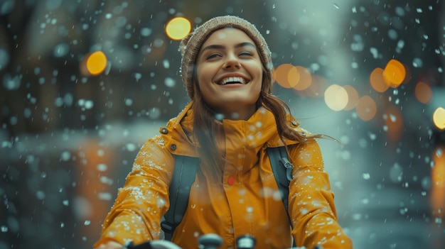 Joyful Woman braving Rain on Bicycle Generative AI (Freudige Frau trotz Regen auf Fahrrad)
