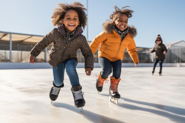 Foto joyosos niños afroamericanos con cabello rizado patinando sobre hielo en una pista de patinaje al aire libre durante el invierno