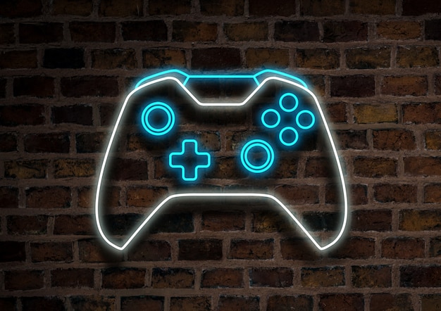 Joystick ou Gamepad, sinal de néon em um fundo de parede de tijolo. Conceito de jogos de computador, torneio.