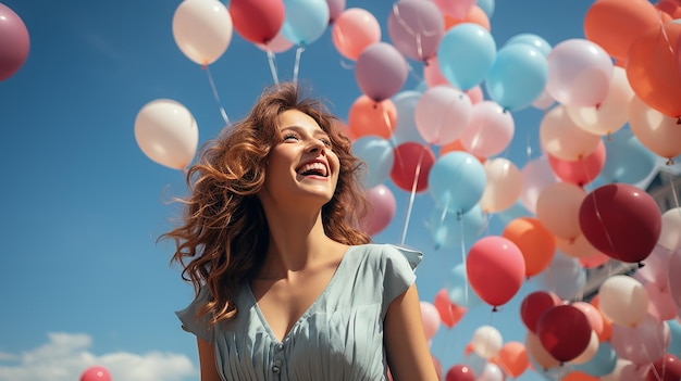 Jubelnde Frau springt mit bunten Luftballons in den blauen Himmel