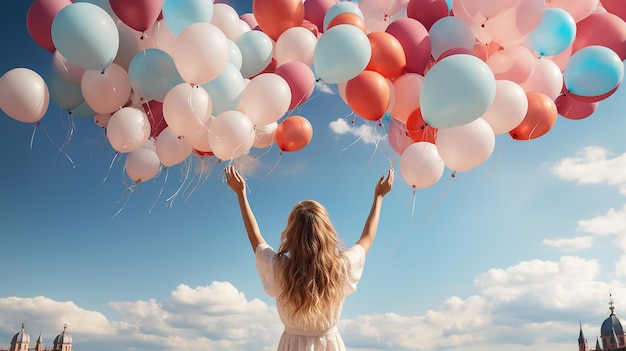 Jubelnde Frau springt mit bunten Luftballons in den blauen Himmel