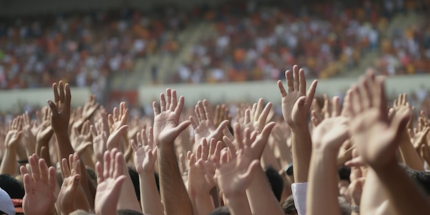 Jubelnde Hände vieler Menschen im Stadion