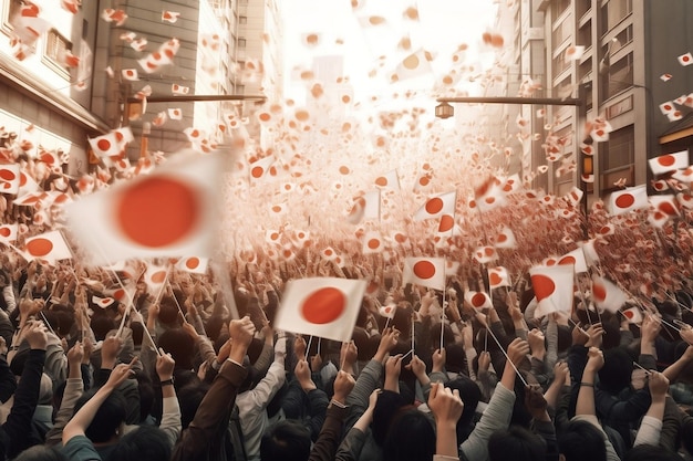 Jubelnde Menge mit generativer KI mit japanischer Flagge