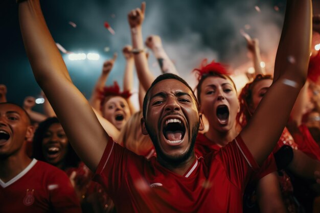 Jubelnde Menschenmenge in einem Fußballstadion Fans, die für ihre Lieblingsmannschaft jubeln