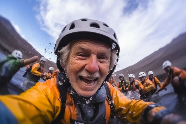 Un jubilado alegre con sombrero y chaqueta impermeable se toma una selfie después de hacer rafting en un río de montaña