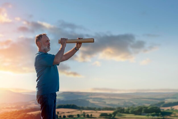 El jubilado barbudo está buscando un destino en el mapa contra el fondo de los campos