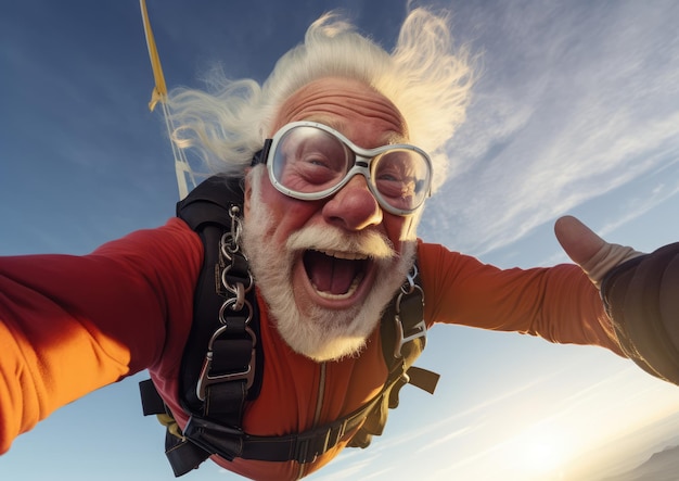 Foto un jubilado que se embarca en una emocionante aventura de paracaidismo desde un avión por encima de las nubes