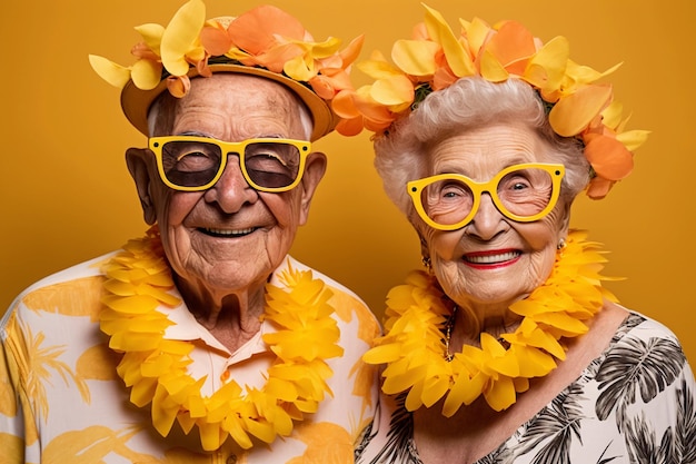 Jubilados de vacaciones Jubilados con gafas de sol y coronas hawaianas alrededor del cuello sobre un fondo amarillo