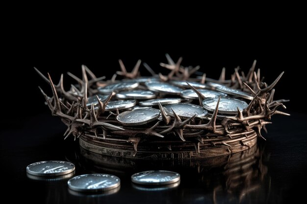 Judas 30 Silberstücke Sack dreißig Münzen biblisches Symbol Verrat Religion Bibel Eine Dornenkrone mit Dornen eine Schlinge Galgen kreative Reproduktion der Geschichte Jesus Christus Gott