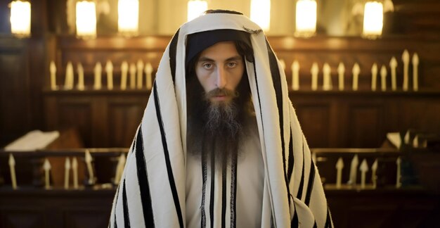 Judeu ultra-ortodoxo de um tallit na sinagoga