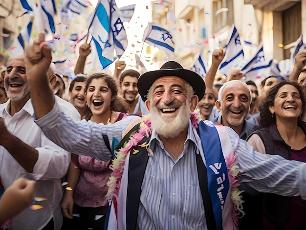Judeus comemorando com bandeiras israelenses